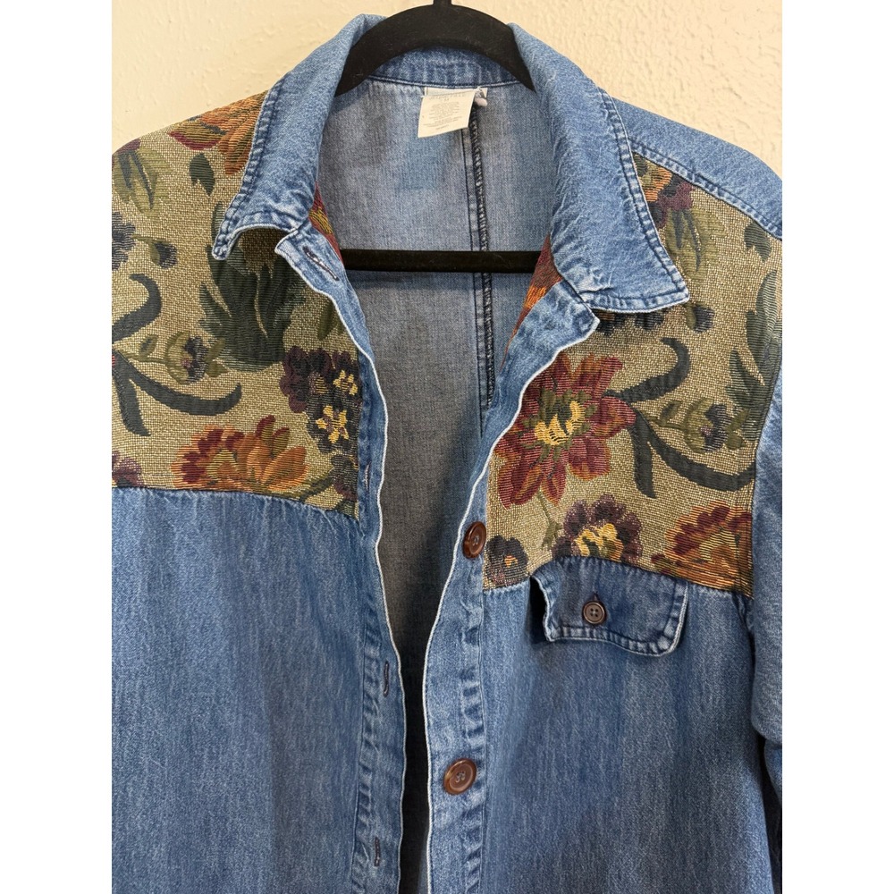 VTG 90s Sarah Chapman Tapestry Floral Denim Embroidered Oversized Shacket Med